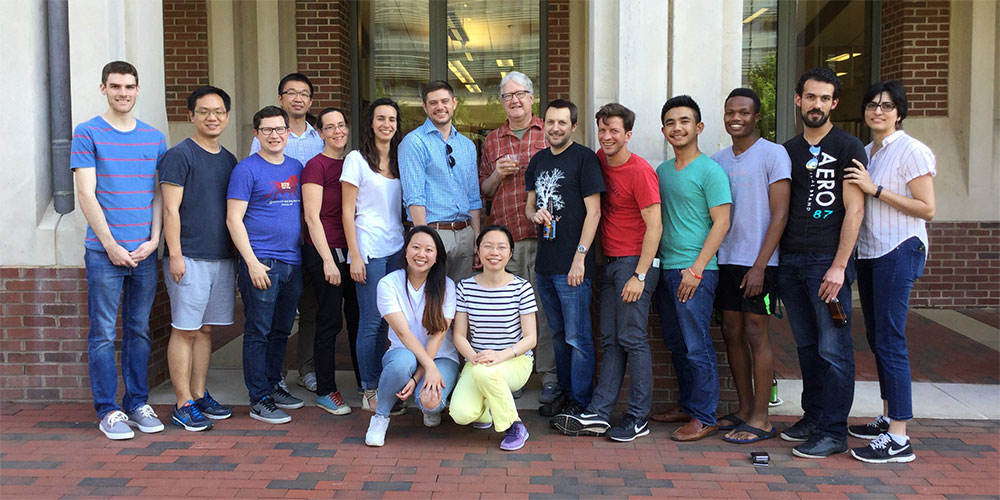 Hahn lab group photo in front of the Brewery Restaurant in Chapel Hill.