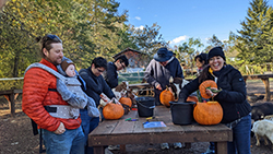 Seven people carve pumpkins with baby goats around a carving table, one of whom is a man in an orange jacket with a baby in a chest carrier.